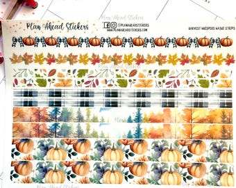 May include: A set of fall-themed washi tape featuring pumpkins, leaves, plaid patterns, and forest scenes. The tape is labeled "Plan Ahead Stickers" and includes the social media handles @planaheadstickers and www.planaheadstickers.com.