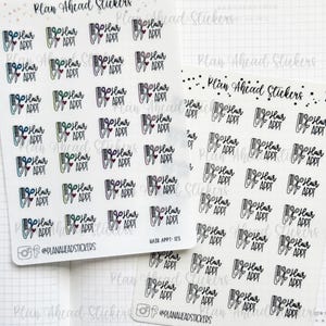 May include: Two sheets of planner stickers with a beauty theme. Each sticker features a comb, scissors, and a heart, with the text "Hair APPT". The stickers are labeled "Plan Ahead Stickers" and include a social media handle.