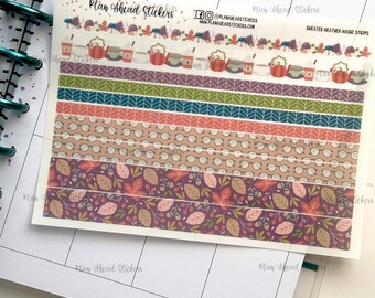 May include: A sheet of fall-themed planner stickers with various designs, including pumpkins, leaves, coffee cups, and teapots. The stickers are on a white background and have a variety of colors, including orange, brown, green, and purple. The text "Plan Ahead Stickers" is printed on the sheet.