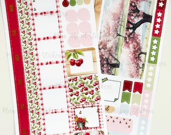 Kit de planificador semanal de pegatinas Hobonichi Weeks con diseño de pastel de cerezas con lámina de lujo, cerezas para hornear de San Valentín