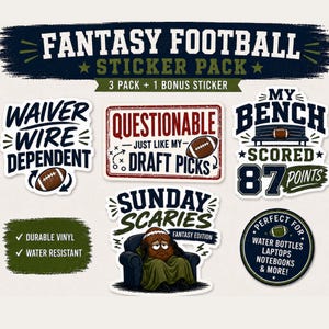Paquete de pegatinas de fútbol fantasy, pegatinas divertidas de fútbol, ​​regalo de fútbol fantasy, pegatinas para el día del draft y la lista de agentes libres.