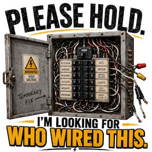 May include: An open electrical breaker box with a warning sign reading HIGH VOLTAGE and text reading TEMPORARY FIX. The box contains labeled switches for KITCHEN, GARAGE, BASEMENT, OUTLETS, WASHER, UNKNOWN, A/C, DRYER, WATER HEATER, LIGHTS, OLD DRYER, and GOOD LUCK.