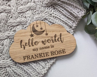 Personalised Hello World Cloud Baby Announcement Disc | Cloud Announcement Plaque | Baby Announcement Plaque | Wooden Cloud Name Plaque Disc