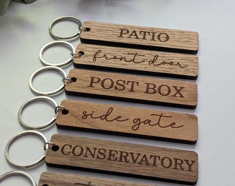 Personalised Oak, Cherry, Walnut Keyring | Keyring for Home, Holiday Lets, Garage, Gate, Door, Post Box | Any Text/Your Text Keyring