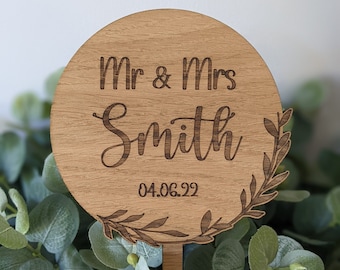 Oak Wooden Personalised Wedding Cake Topper | Floral Foliage Leaf Wedding Cake Topper | Rustic Wedding Cake Topper | Wedding Decorations