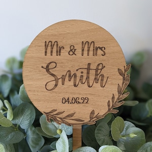 Oak Wooden Personalised Wedding Cake Topper | Floral Foliage Leaf Wedding Cake Topper | Rustic Wedding Cake Topper | Wedding Decorations