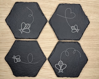Set of Four Slate Coasters with Engraved Bee Designs | Bee Coasters | Slate Coasters | Housewarming Gift | Mother's Day | Bee Lovers Gift