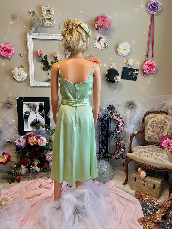 Vintage Satin Light Green Tea-length Dress | Handmade | Removable Belt -  Etsy