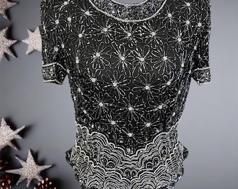 Vintage Black Beaded Silk Blouse | 80s Papell Boutique Evening Top
