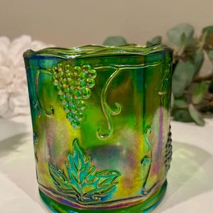Vintage Indiana Glass Harvest Grape Iridescent Lime Green Carnival Glass Canister Jar