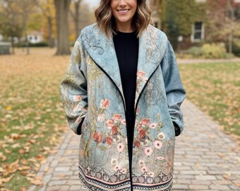 Vintage Floral Wool Blend Jacket: Oversized Relaxed Fit S/M