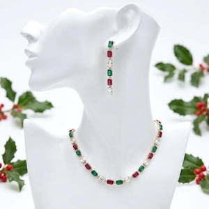 Crystal Christmas Necklace & Earrings Set | Ruby Red, Emerald Green, Clear Square Stones | Gold Tone Holiday Gifts
