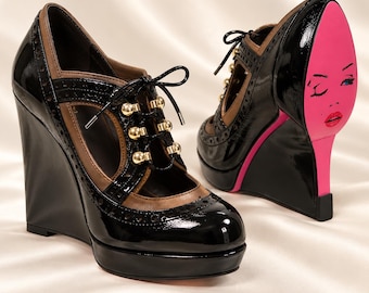 Vintage Betsey Johnson Tadum Wedge Heels Black Patent Oxford Shoes Pink Marilyn Soles Size 6M New in Box