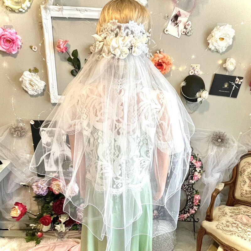 White Handmade Beaded Mid-Length Bridal Veil