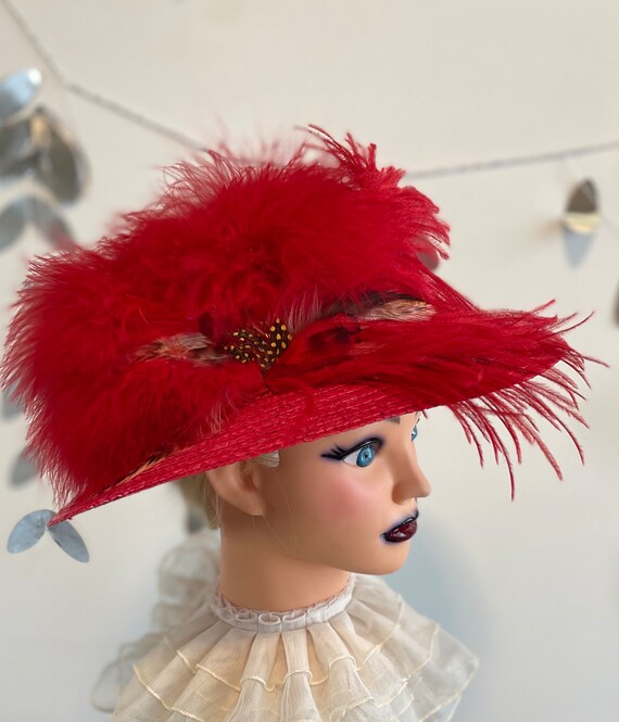 Vintage Red, Feathered Hat Vintage Red Hat with Feathers, Made in Austria – Ian  main image 3