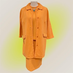 Vintage 1960s 100% Wool 3 Piece Dress Skirt Jacket Suit Top Set Orange by Butte Knit Size M/L