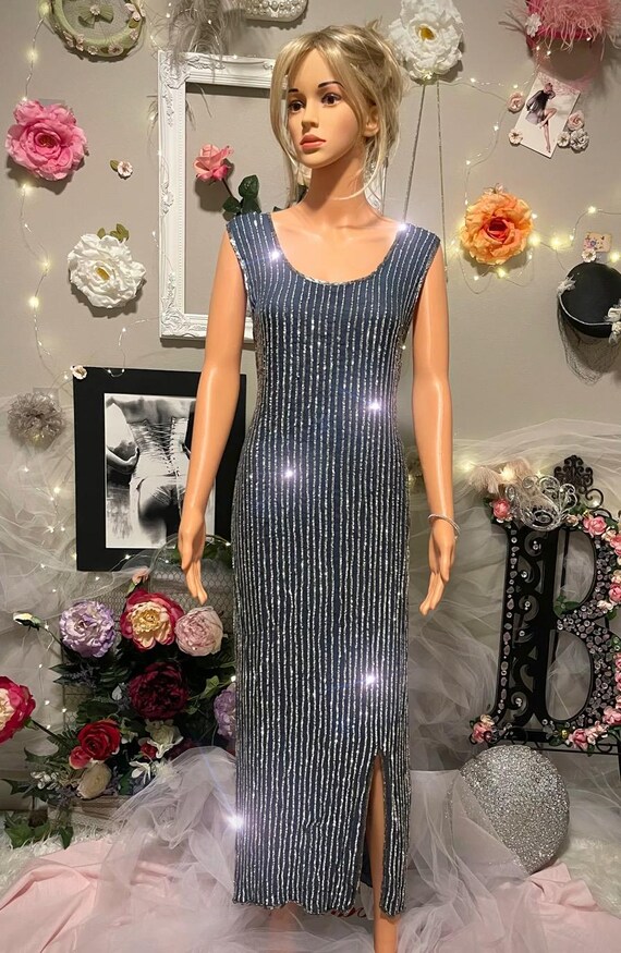 Vintage 100% Silk Slate Blue Sequined Long Dress Klass Collection Inc. - Etsy Vintage 100% Silk Slate Blue Sequined Long Dress Klass Collection Inc. - Etsy