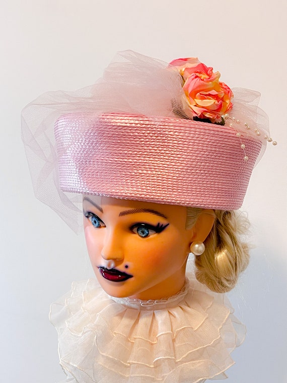 Vintage Pink Pillbox Roses Tulle Hat