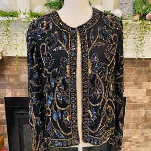 Vintage Silk Iridescent Sequined Cardigan Floral Beaded by Papell Boutique Evening
