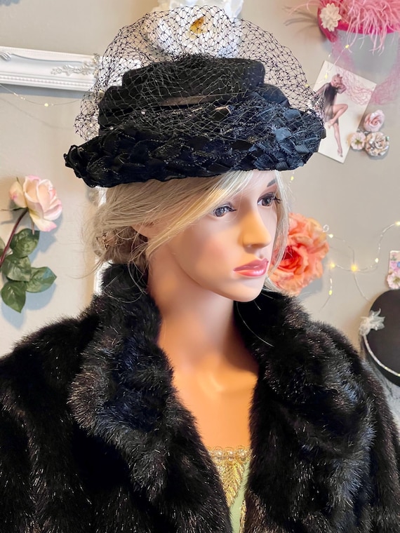 Vintage Black Hat With Rhinestones & Mesh Veil | 1950s Union  display picture 2