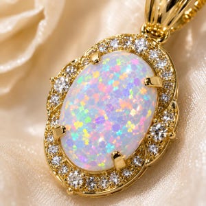 May include: A gold pendant necklace featuring an oval opal gemstone with iridescent colors. The opal is surrounded by a halo of small, clear gemstones and set in a gold frame. The pendant hangs from a gold chain.