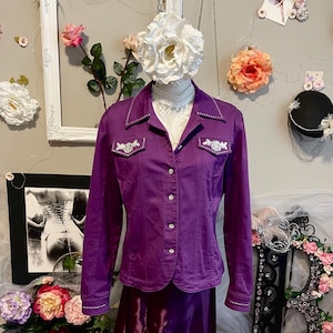Christine Alexander Purple Denim Jacket Crystals Rhinestones Lace Pockets Sz L