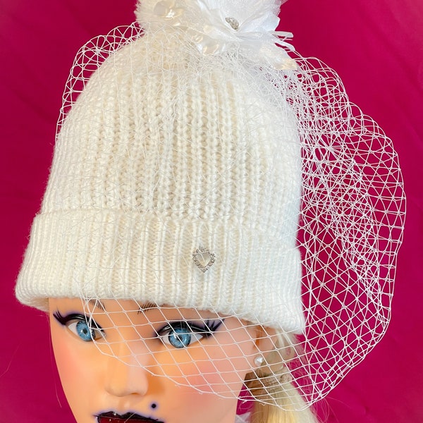 White Veil Netted Flower Heart Rhinestones Knit Beanie Hat Fascinator Handmade