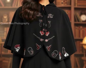 Vintage Inspired Black Embroidered Witchy Hooded Short Capelet Cape Attached Pointy Hood Retro Witch Gothic Accessories One Size