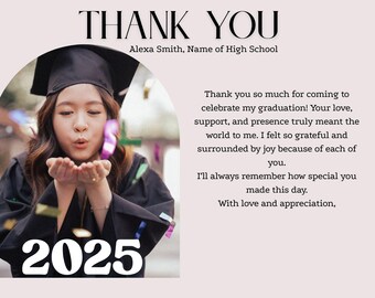 Cartão de agradecimento de formatura editável Canva Modelo Foto de formatura Cartão de agradecimento Download digital Festa de formatura da turma de 2025 Obrigado