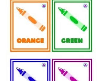 May include: Four crayon cards with a crayon image and the color name printed below. The colors are orange, green, blue, and purple.