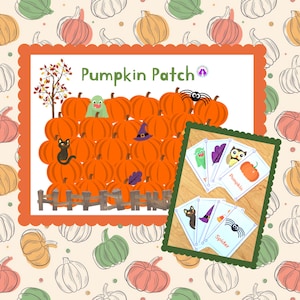 May include: A printable Halloween game for kids. The game features a pumpkin patch with a variety of hidden objects, including a spider, a cat, a witch's hat, and a ghost. The game includes a set of cards with images of the hidden objects.  The game is called "Pumpkin Patch".