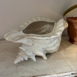 May include: A white ceramic seashell planter with a glossy finish. The planter has a large opening and a detailed, textured surface, resembling a conch shell. The planter is designed to hold plants or other decorative items.