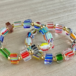 Cane Glass Multicolor Stretch Bracelet with Gold Spacers
