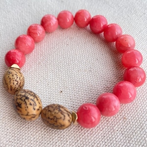 Pink Agate & Nut Bead Stretch Bracelet - Boho Stackable