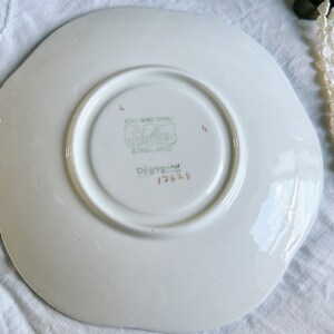 Pu&ograve; includere: Piatto bianco con bordo ondulato. Il piatto ha un logo Shelley Fine Bone China verde e bianco e il numero 13424 in marrone.