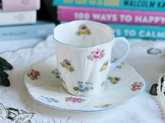Vintage collectable Dainty Shelley demitasse expresso Rose Pansy Forget-me-not fine bone teacup and saucer made in England in 1950s