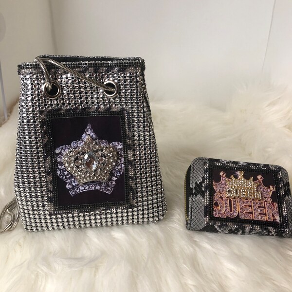 Bling silver studded purse with matching wallet embellished with a rhinestone crown and studded queen.