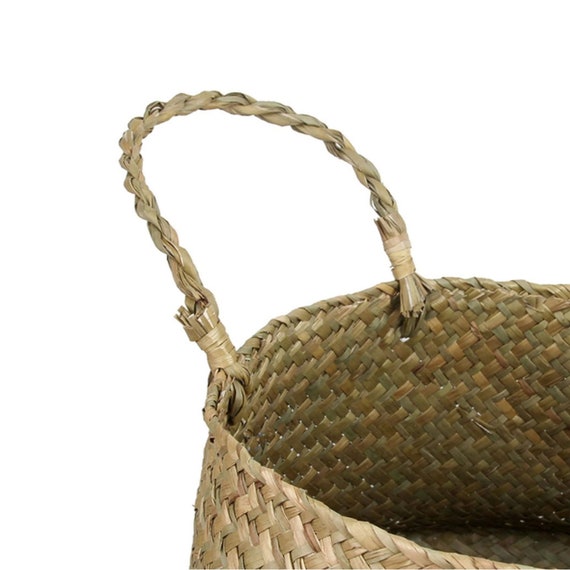 L Woven Storage Basket Seagrass Belly Basket Foldable Natural Seagrass Belly Basket with Handles Creative Garden Planter Woven Storage Belly Basket for Storage / Laundry / Picnic / Planting M S 