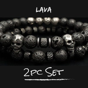 Mens Skull Bead Bracelet 2pc Set / Natural Gemstone Stretch Bracelets | Black Lava, Hematite, Stainless Steel | Strength & Protection