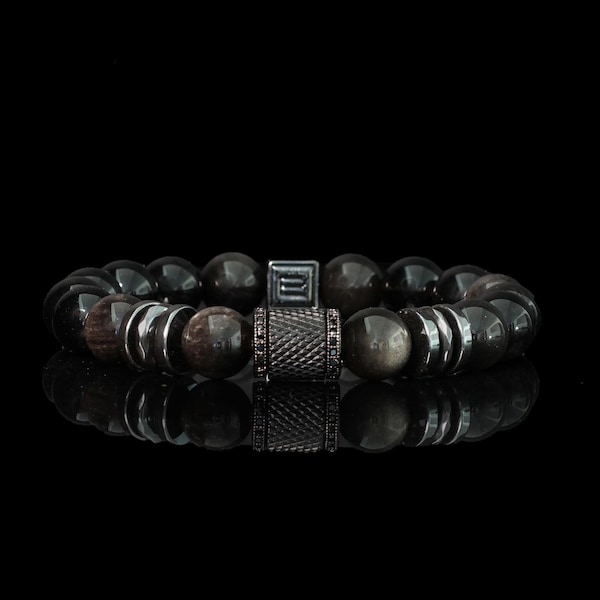 Mens 10mm Silver Obsidian Beaded Bracelet - Natural Gemstones Bold Stretch Bracelets | Hematite - Stainless Steel |  Strength & Protection