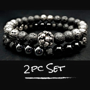 Mens Gothic Skull Bracelet 2pc Set- Natural Gemstone Stretch Bracelets | Black Lava - Gunmetal Lava- Onyx - Hematite | Strength & Protection