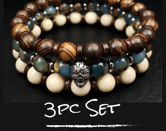 Mens Skull Bead Bracelet 3pc Set - Natural Gemstone Stretch Bracelets | Lake Blue Quartz - Riverstone Jasper - Natural Wood | Calming