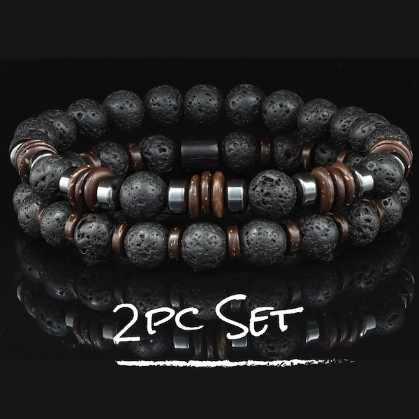 Mens Bead Bracelet 2pc Set - Natural Gemstone Stackable Stretch Bracelets | Volcanic Lava - Hematite - Wood | Balance, Strength & Protection