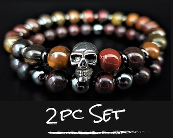 Mens Skull Bead Bracelet 2pc Set | Natural Gemstone Stretch Bracelets | Tiger Iron - Brecciated Jasper - Hematite - Stainl Steel | Grounding