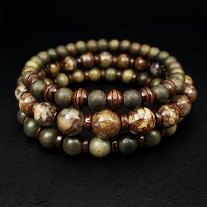 Mens Wood and Bead Bracelet 3pc Set - Natural Gemstone Stretch Bracelets | Fire Lace Opal - Olive Sandalwood | Calming & Focus
