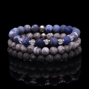 Mens Beaded Beach Bracelet 3pc Set - Natural Gemstone • Stackable • Stretch Bracelets | Blue Sodalite - Map Jasper - Gray Lava | Protection