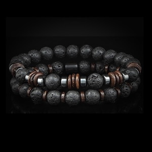 Mens Bead Bracelet 2pc Set - Natural Gemstone Stackable Handmade Stretch Bracelets | Volcanic Lava - Hematite - Wood | Strength & Protection