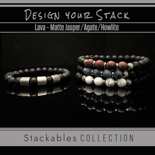 Build Your Stack Mens Bead Bracelets Natural Gemstones Stretch Bracelet Set | Black Lava | Jasper | Howlite | Mix & Match Your Favorites!