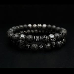 Mens Skull Bead Bracelet 2pc Set / Natural Gemstone Stretch Bracelets | Black Lava, Hematite, Stainless Steel | Strength & Protection