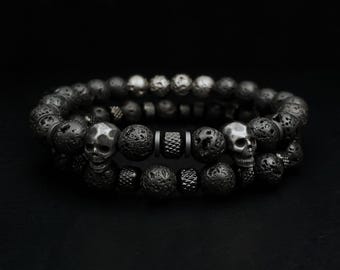 Mens Skull Bead Bracelet 2pc Set - Natural Gemstone Blackstatic Stretch Bracelets | Volcanic Lava • Hematite • Stainless Steel | Strength